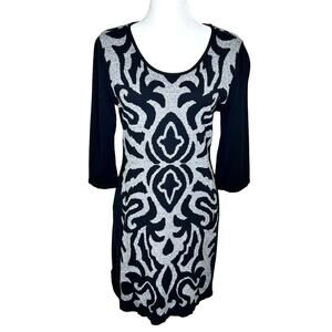 Style & Co. Black Gray Florentine Print 3/4 Sleeve Scoop Neck Knit Dress